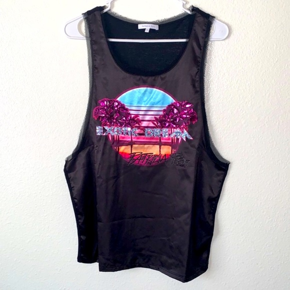 PATRIZIA PEPE “EXOTIC DREAM” RHINESTONES SATIN/COTTON SCOOP NECK SLEEVEL…